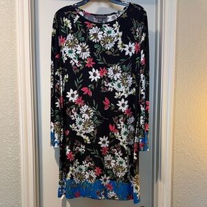 Covington Black Floral Long-Sleeve Shift Dress with Blue Hem